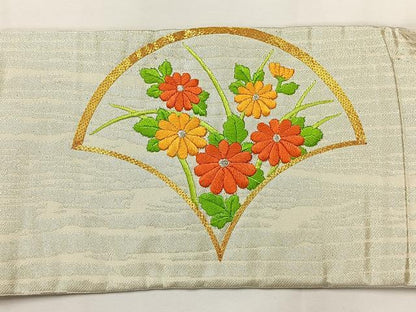 平和屋着物◎九寸名古屋帯 駒刺繍 草花文 金銀糸 正絹 逸品 AABG0023uk