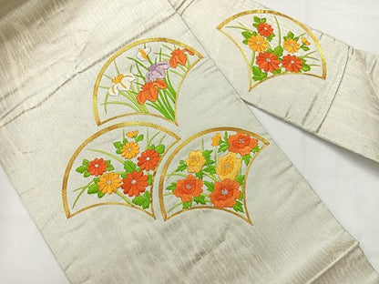 平和屋着物◎九寸名古屋帯 駒刺繍 草花文 金銀糸 正絹 逸品 AABG0023uk