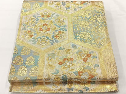 平和屋着物◎六通柄袋帯 亀甲花文 金銀糸 正絹 逸品 AABG0025uk
