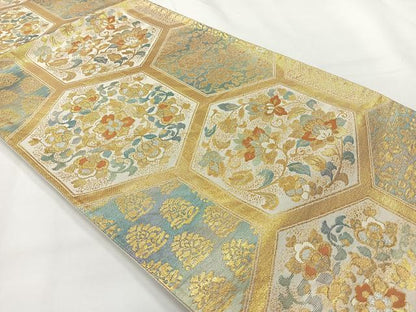 平和屋着物◎六通柄袋帯 亀甲花文 金銀糸 正絹 逸品 AABG0025uk