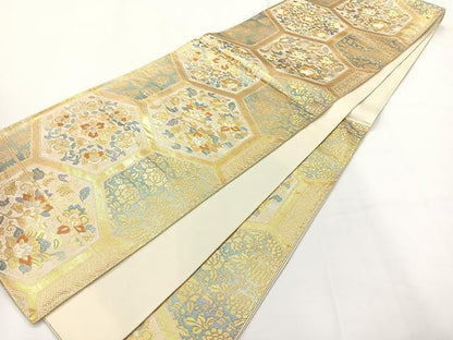平和屋着物◎六通柄袋帯 亀甲花文 金銀糸 正絹 逸品 AABG0025uk
