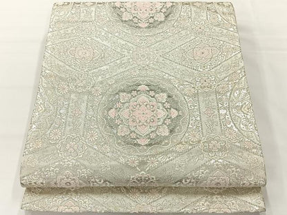 平和屋着物◎六通柄袋帯 唐織 正倉院花文 銀糸 正絹 逸品 AABG0035uk