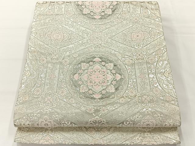 平和屋着物◎六通柄袋帯 唐織 正倉院花文 銀糸 正絹 逸品 AABG0035uk