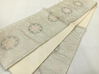 平和屋着物◎六通柄袋帯 唐織 正倉院花文 銀糸 正絹 逸品 AABG0035uk