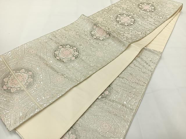 平和屋着物◎六通柄袋帯 唐織 正倉院花文 銀糸 正絹 逸品 AABG0035uk