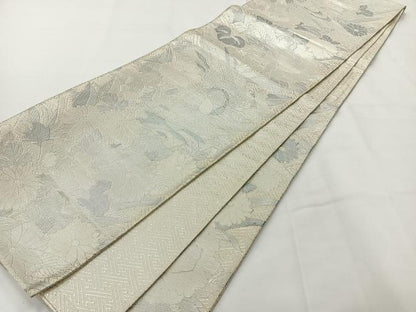 平和屋着物◎佐賀錦 六通柄袋帯 花鳥文 銀糸 正絹 逸品 AABG0037uk