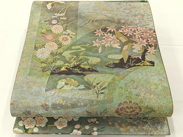 平和屋着物◎六通柄袋帯　唐織　地紙花鳥文　金糸　引箔　正絹　逸品　AABG0041uk