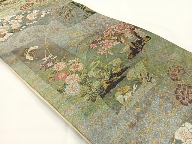 平和屋着物◎六通柄袋帯　唐織　地紙花鳥文　金糸　引箔　正絹　逸品　AABG0041uk