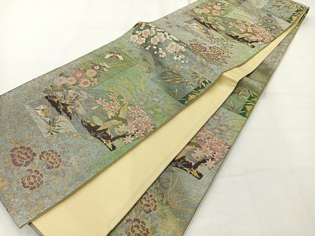 平和屋着物◎六通柄袋帯　唐織　地紙花鳥文　金糸　引箔　正絹　逸品　AABG0041uk