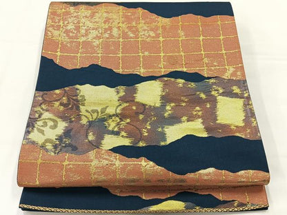 平和屋着物◎六通柄袋帯 横段花文 金糸 正絹 逸品 AABG0049uk