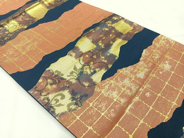 平和屋着物◎六通柄袋帯 横段花文 金糸 正絹 逸品 AABG0049uk