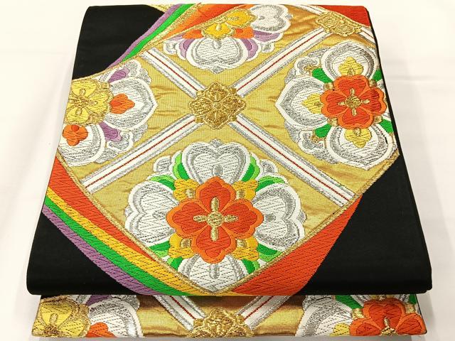 平和屋着物◎六通柄袋帯 唐織 色紙花文 黒地 金銀糸 正絹 逸品 AABG0055uk
