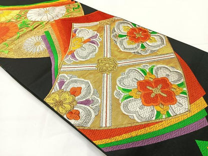 平和屋着物◎六通柄袋帯 唐織 色紙花文 黒地 金銀糸 正絹 逸品 AABG0055uk