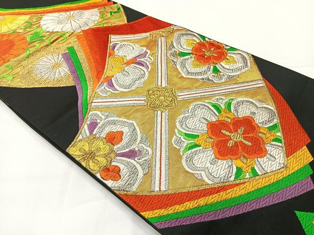 平和屋着物◎六通柄袋帯 唐織 色紙花文 黒地 金銀糸 正絹 逸品 AABG0055uk
