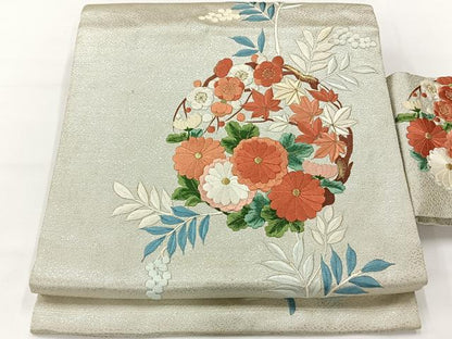 平和屋着物◎九寸名古屋帯 総刺繍 花丸文 金銀糸 正絹 逸品 AABG0059uk