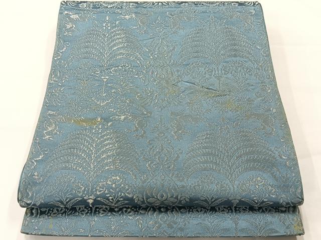 平和屋着物◎六通柄袋帯　動物花文　銀糸　正絹　逸品　AABG0074uk
