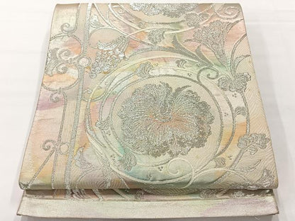 平和屋着物◎六通柄袋帯　更紗花文　銀糸　正絹　逸品　AABG0081uk