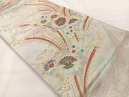 平和屋着物◎佐賀錦　六通柄袋帯　唐織　立波花文　金銀糸　正絹　逸品　AABG0085uk