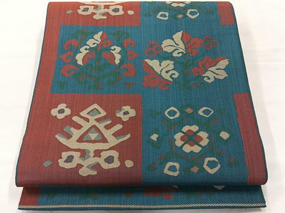 平和屋着物◎六通柄袋帯 更紗花文 正絹 逸品 AABG0090uk