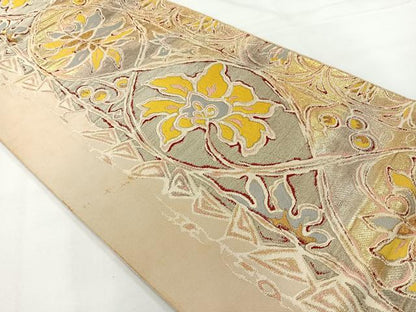 平和屋着物◎六通柄袋帯 更紗花文 金糸 正絹 逸品 AABG0096uk