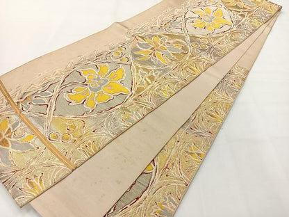 平和屋着物◎六通柄袋帯 更紗花文 金糸 正絹 逸品 AABG0096uk