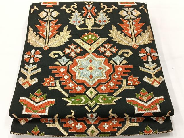 平和屋着物◎六通柄袋帯 都錦 更紗花文 黒地 金糸 正絹 逸品 AABG0100uk