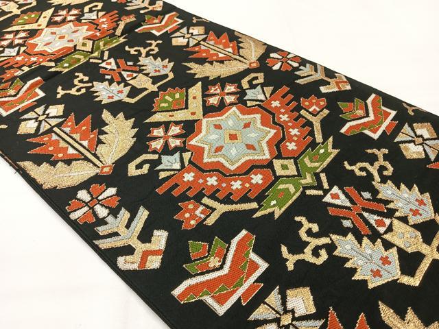 平和屋着物◎六通柄袋帯 都錦 更紗花文 黒地 金糸 正絹 逸品 AABG0100uk
