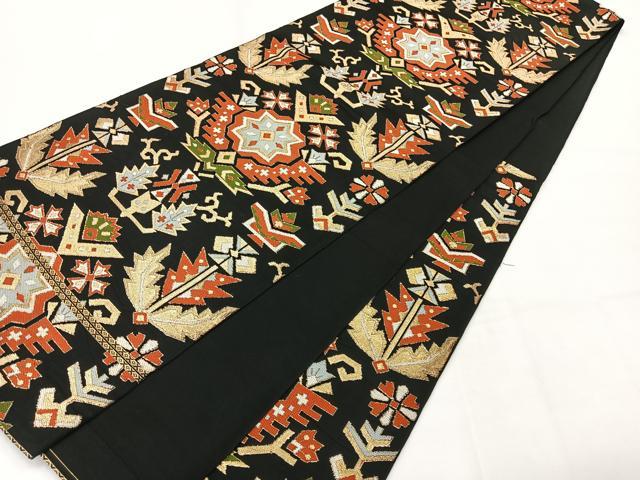 平和屋着物◎六通柄袋帯 都錦 更紗花文 黒地 金糸 正絹 逸品 AABG0100uk