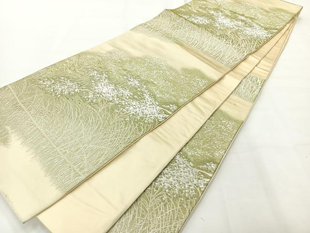 平和屋着物◎六通柄袋帯　芝草文　銀糸　正絹　逸品　AABG0102uk