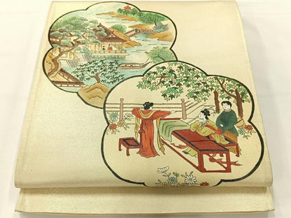 平和屋着物◎太鼓柄袋帯 人物風景文 金通し地 正絹 逸品 AABG0108uk