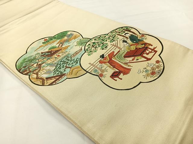 平和屋着物◎太鼓柄袋帯 人物風景文 金通し地 正絹 逸品 AABG0108uk