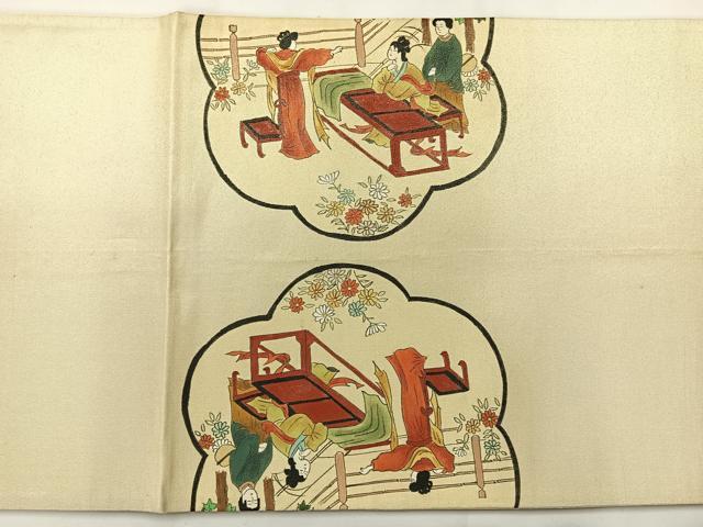 平和屋着物◎太鼓柄袋帯 人物風景文 金通し地 正絹 逸品 AABG0108uk