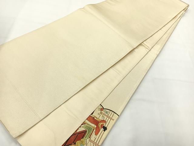 平和屋着物◎太鼓柄袋帯 人物風景文 金通し地 正絹 逸品 AABG0108uk