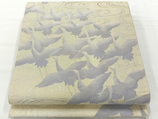 平和屋着物◎六通柄袋帯　流水飛鶴文　銀糸　正絹　逸品　AABG0111uk