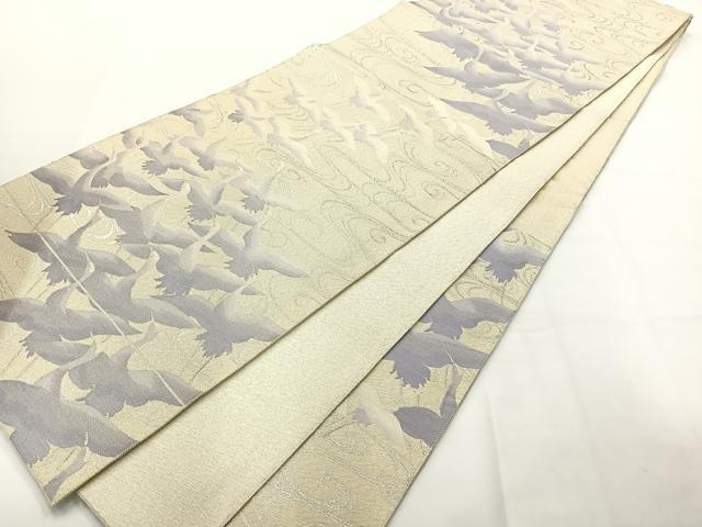 平和屋着物◎六通柄袋帯　流水飛鶴文　銀糸　正絹　逸品　AABG0111uk
