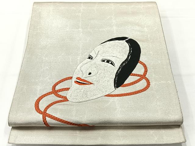 平和屋着物◎太鼓柄袋帯　総刺繍　駒刺繍　能面　正絹　逸品　AABG0112uk
