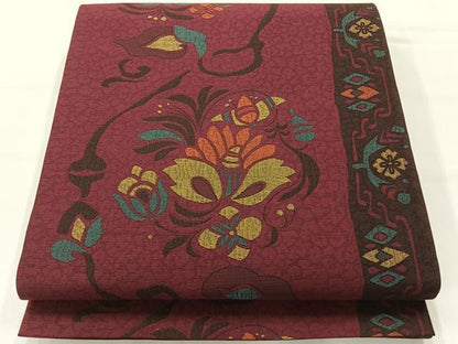 平和屋着物◎六通柄袋帯 更紗花文 正絹 逸品 AABG0122uk