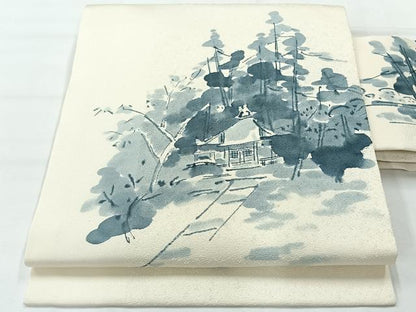平和屋着物◎九寸名古屋帯 作家物 手描き 風景文 正絹 逸品 AABG0133uk