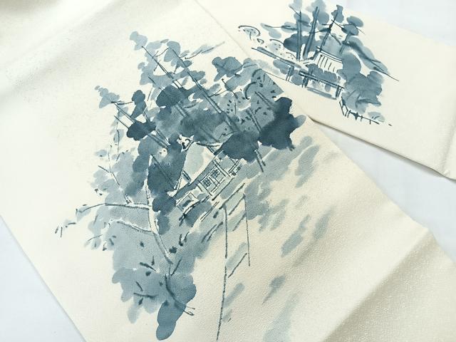 平和屋着物◎九寸名古屋帯 作家物 手描き 風景文 正絹 逸品 AABG0133uk