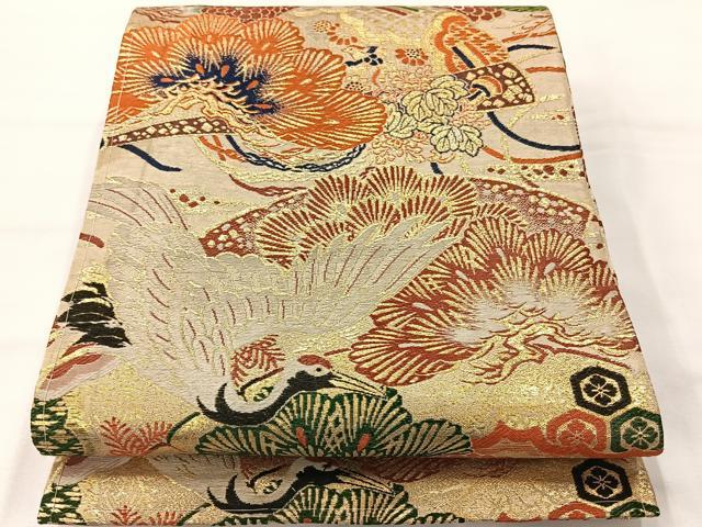 平和屋着物◎アンティーク　大正ロマン　丸帯　飛鶴枝松文　金糸　正絹　逸品　AABG0136uk