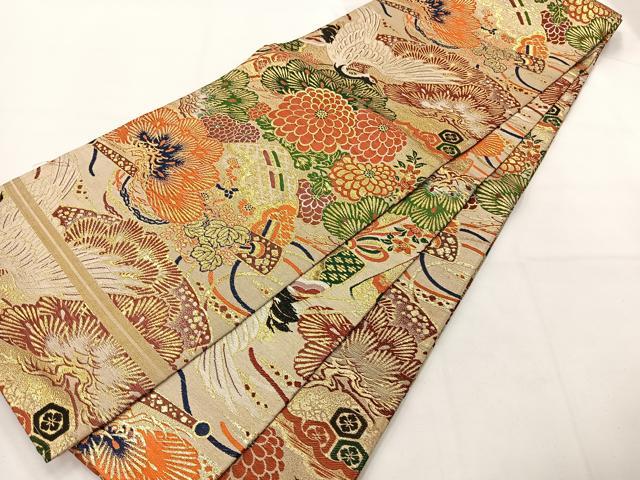平和屋着物◎アンティーク　大正ロマン　丸帯　飛鶴枝松文　金糸　正絹　逸品　AABG0136uk