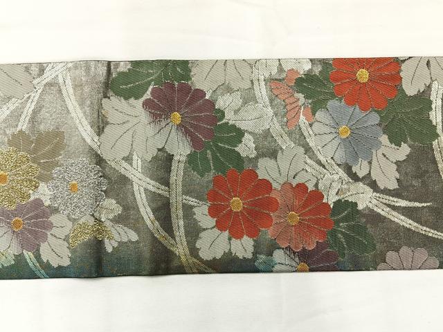 平和屋着物◎九寸名古屋帯　草花文　金銀糸　引箔　正絹　逸品　AABG0144uk