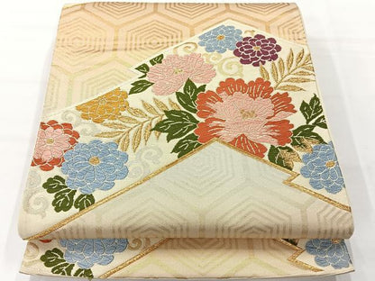 平和屋着物◎六通柄袋帯 唐織 松皮菱花文 金糸 正絹 逸品 AABG0175uk