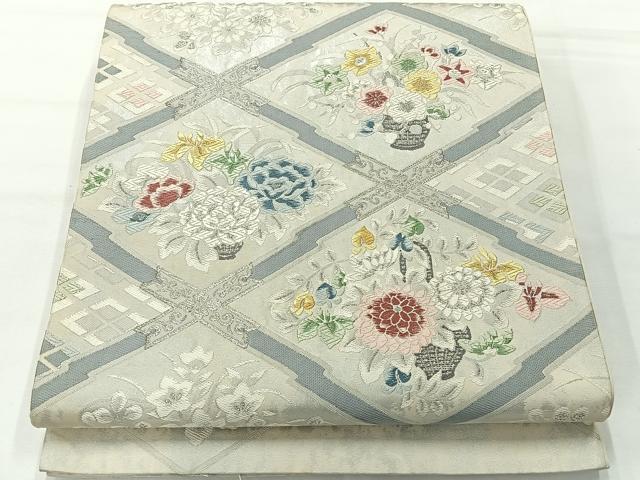 平和屋着物◎西陣 六通柄袋帯 唐織 花格子 銀糸 正絹 逸品 AABG0176uk