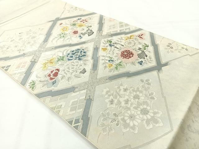 平和屋着物◎西陣 六通柄袋帯 唐織 花格子 銀糸 正絹 逸品 AABG0176uk
