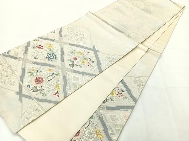 平和屋着物◎西陣 六通柄袋帯 唐織 花格子 銀糸 正絹 逸品 AABG0176uk