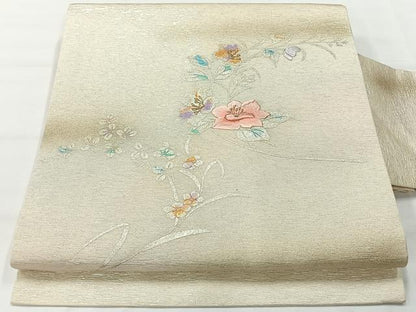 平和屋着物◎九寸名古屋帯 刺繍 草花文 金糸 銀彩 正絹 逸品 AABG0180uk