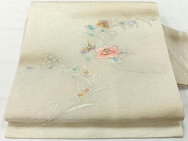 平和屋着物◎九寸名古屋帯 刺繍 草花文 金糸 銀彩 正絹 逸品 AABG0180uk
