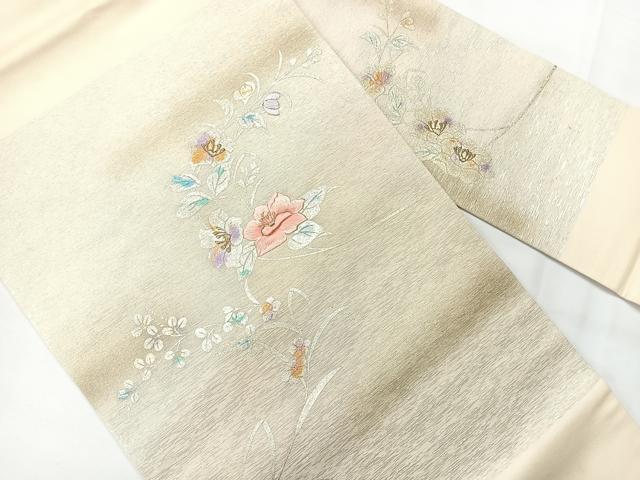 平和屋着物◎九寸名古屋帯 刺繍 草花文 金糸 銀彩 正絹 逸品 AABG0180uk