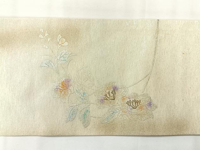 平和屋着物◎九寸名古屋帯 刺繍 草花文 金糸 銀彩 正絹 逸品 AABG0180uk